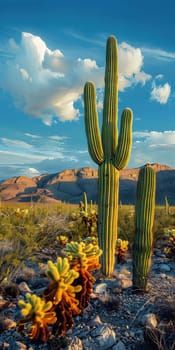 A saguaro cactus thrives in the desert against a backdrop of mountains, under a vast sky with fluffy clouds. This plant stands tall in a diverse plant community within a stunning natural landscape