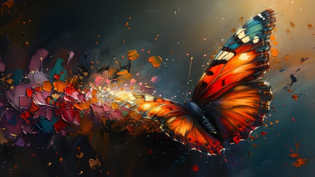 A pollinator butterfly with orange wings is gracefully flying through the sky, spreading pollen from flowers on its wings to plants below