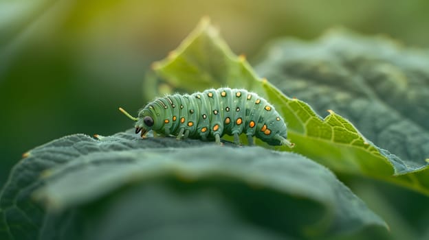 An Arthropod larva, known as a green caterpillar, is crawling on a leaf of a terrestrial plant. This insect, a pollinator, is a pest that feeds on the grass