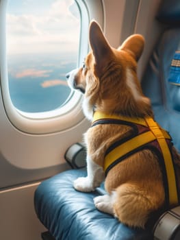 Happy corgi dog traveller sitting on an airplane seat looking through the window. Travelling with pets concept.
