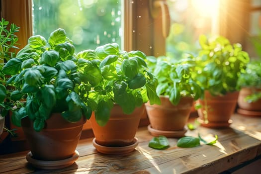 Rustic Kitchen Herb Pots. AI generated.