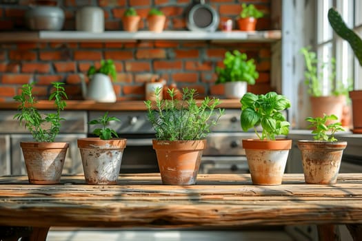 Rustic Kitchen Herb Pots. AI generated.