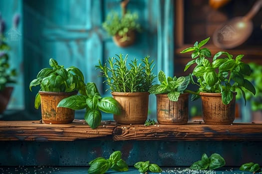 Rustic Kitchen Herb Pots. AI generated.