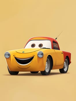 A yellow toy car with a red hood is happily parked on a yellow background. Its automotive design features automotive lighting and shiny wheels