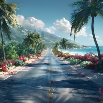 A dreamy road lined with palm trees under a cloudy sky leads to the ocean, creating a natural landscape blending water, sky, and plants