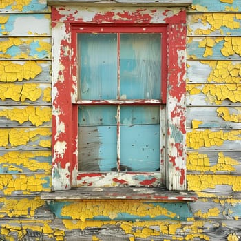 A colorful rectangular window on a wall of yellow and blue peeling paint, framed by brickwork and wood fixtures, adds charm to the building