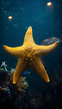 An electric blue starfish is gracefully swimming underwater, blending in with the fluid marine environment. This marine invertebrate is a fascinating organism studied in marine biology