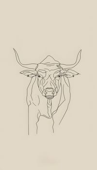 Illustration of a working animal, a bull, with long horns in a detailed painting on a beige background. The art captures the gesture and strength of the bulls bone structure