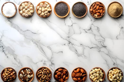 A variety of nuts and spices are displayed in wooden bowls on a luxurious marble surface, creating a stunning contrast of textures and colors