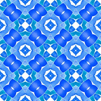 Textile ready symmetrical print, swimwear fabric, wallpaper, wrapping. Blue splendid boho chic summer design. Trendy organic green border. Organic tile.