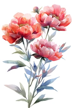 A beautiful arrangement of pink flowers with green leaves on a white background, resembling a painting or illustration. The combination of colors creates a stunning display of creative artistry