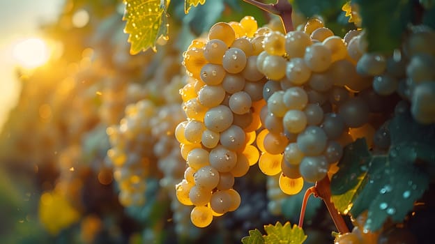 A closeup of seedless white grapes hanging from a grapevine, a type of flowering plant in the grapevine family. A natural underwater macro photography of fresh, natural foods