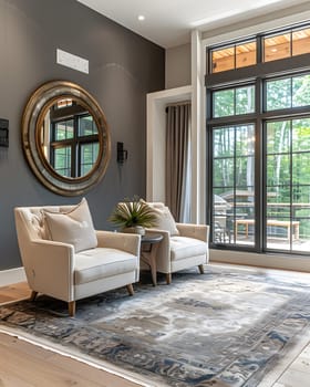 An interior design featuring a living room with two chairs, a rug, a mirror, and a large window. The furniture includes wood fixtures, a rectangular mirror, and flooring