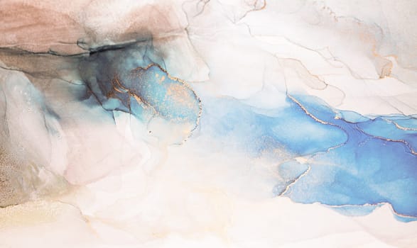 A close-up view of an abstract painting featuring swirling blue and gold hues against a white background. The artwork resembles a sky, water, or other natural element.