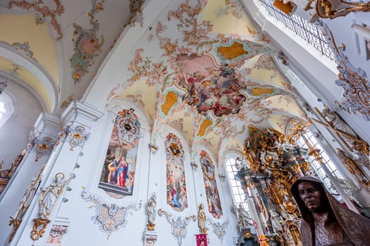 SCHONGAU, BAVARIA, GERMANY, JUNE 01, 2022 : interiors, frescoes and architectural decors of  Schongau church by various anonymous artists, 18th century