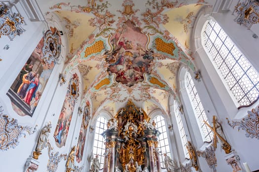 SCHONGAU, BAVARIA, GERMANY, JUNE 01, 2022 : interiors, frescoes and architectural decors of  Schongau church by various anonymous artists, 18th century