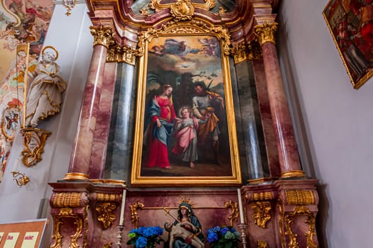 SCHONGAU, BAVARIA, GERMANY, JUNE 01, 2022 : interiors, frescoes and architectural decors of  Schongau church by various anonymous artists, 18th century