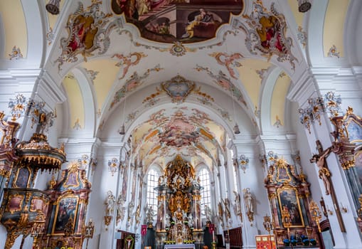 SCHONGAU, BAVARIA, GERMANY, JUNE 01, 2022 : interiors, frescoes and architectural decors of  Schongau church by various anonymous artists, 18th century