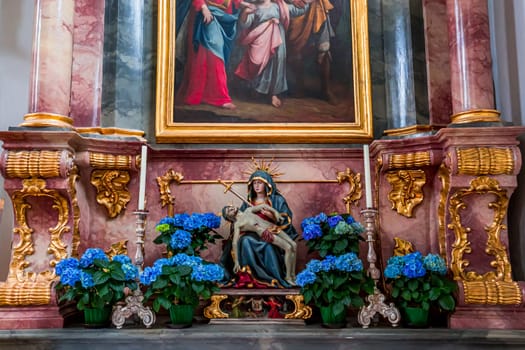 SCHONGAU, BAVARIA, GERMANY, JUNE 01, 2022 : interiors, frescoes and architectural decors of  Schongau church by various anonymous artists, 18th century