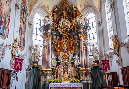 SCHONGAU, BAVARIA, GERMANY, JUNE 01, 2022 : interiors, frescoes and architectural decors of  Schongau church by various anonymous artists, 18th century