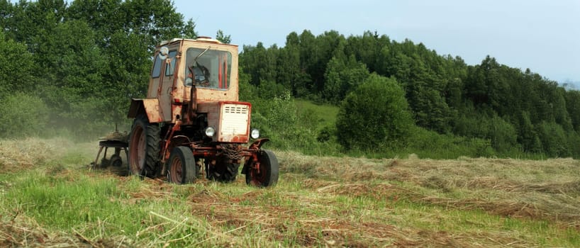 A red and white tractor with a large tire on the right side is mowing hay in a green field. Trees line the field in the background.