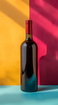 A Glass bottle of red wine is displayed on a table with a colorful background. The Bottle stopper saver is removed, revealing the cork of the Alcoholic beverage inside