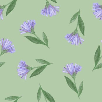 Simple Cornflower Floral Seamless Pattern on a Light Green Background. Hand Drawn Simple Cornflower Digital Paper. Wild Meadow Flowers Drawn by Colored Pencils.