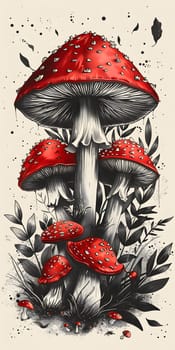 An artistic depiction of a group of red mushrooms stacked on top of each other, painted in carmine on a white background. This illustration showcases a captivating pattern in visual arts