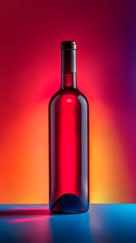 A glass bottle of red wine is placed on a table against a colorful background. The cylindrical container holds a fluid alcoholic beverage, casting tints and shades in the drinkware