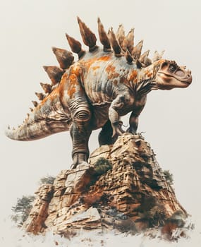 An art piece of a dinosaur, a terrestrial animal from the past, standing on top of a rock. Its jaw, tail, and extinct nature make it a captivating display of wildlife