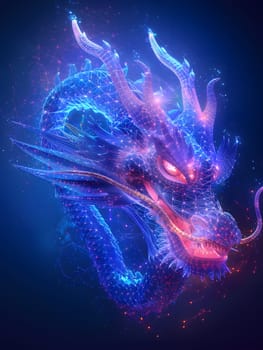 A deep azure dragon with crimson eyes glows in the dark waters, resembling an artwork of marine biology. Its violet body radiates a mesmerizing light, creating a stunning sight in the underwater sky