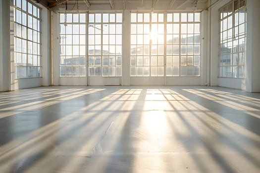 The sun is shining through the window of an empty room with wooden fixtures and flooring. The door leads out to a hall in the building next to a tree