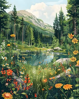 A picturesque natural landscape featuring a serene lake bordered by colorful flowers, lush trees, and majestic mountains under a clear blue sky