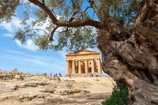 Agrigento, Sicily, Italy May 3 2024: Visiting tourists the Temple of Concordia in the Valley of the Temples in Agrigento, Sicily, Italy
