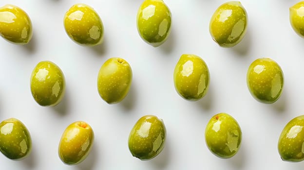 A variety of green olives, a fruit from the olive family, are displayed on a white surface. These natural foods can be used as an ingredient in many recipes