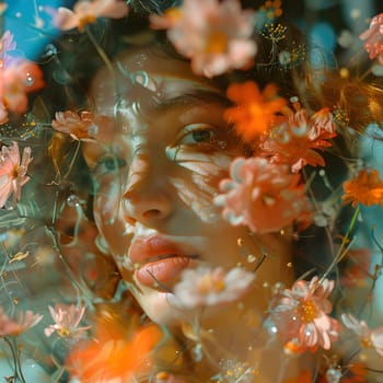 A closeup of a womans eye surrounded by orange flowers and green leaves, blending in with the natural environment. The juxtaposition of the eye and vegetation creates a unique and captivating image