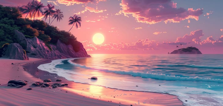 A beautiful tropical beach scene featuring palm trees, a sandy shore, blue water, and a distant island. The sun is setting, casting a warm glow over the sky and reflecting off the ocean.