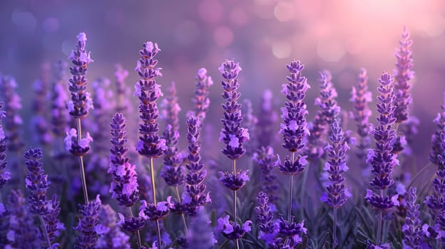A field of vibrant purple lavender flowers stands out against a soft pink background. Lavender is a terrestrial plant, a subshrub, and a herbaceous flowering plant