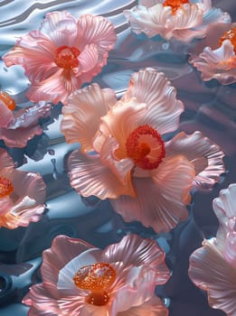 A variety of flowers, including orange and pink petals, are peacefully floating in the water. This beautiful display showcases the diversity of terrestrial plants in an artistic and serene manner