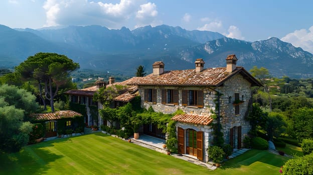 An aerial view capturing a vast house surrounded by lush greenery and grass, with majestic mountains standing tall in the background under a clear blue sky with fluffy white clouds