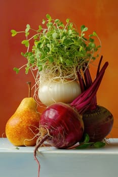 Fresh vegetables and a juicy pear on a table against a vibrant orange wall healthy eating and nutrition concept