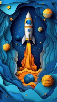 Space travel a rocket launching into the unknown cosmos with planets and stars in the background