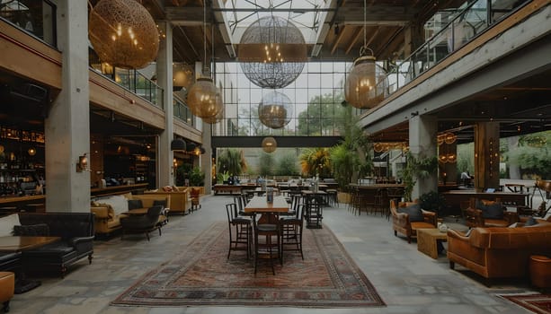 A spacious room in a building with a wooden table and chairs, adorned with plants and art. The ceiling is high, creating a comfortable and inviting environment for events