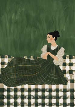 Woman in green dress relaxing on checkered blanket in artistic setting showcasing fashion and beauty