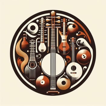 Colored Asian Musical Instruments Logo Icon. High quality photo. Icon of string and wind instruments such as pipa, koto, sitar, darbuka.