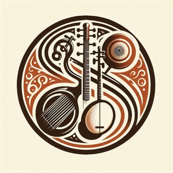 Colored Asian Musical Instruments Logo Icon. High quality photo. Icon of string and wind instruments such as pipa, koto, sitar, darbuka.