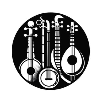 Asian Musical Instruments Logo Icon. High quality photo. Icon of string and wind instruments such as pipa, koto, sitar, darbuka.