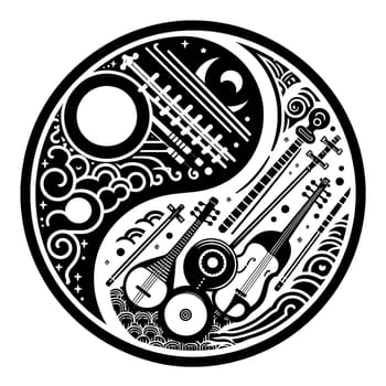 Asian Musical Instruments Logo Icon. High quality photo. Icon of string and wind instruments such as pipa, koto, sitar, darbuka.