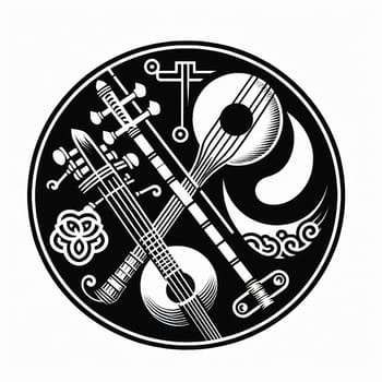 Asian Musical Instruments Logo Icon. High quality photo. Icon of string and wind instruments such as pipa, koto, sitar, darbuka.