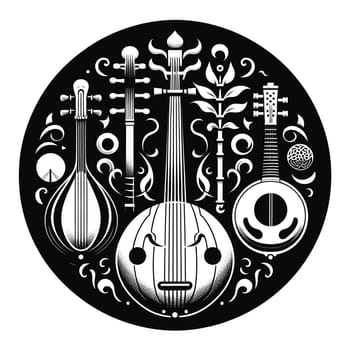 Asian Musical Instruments Logo Icon. High quality photo. Icon of string and wind instruments such as pipa, koto, sitar, darbuka.